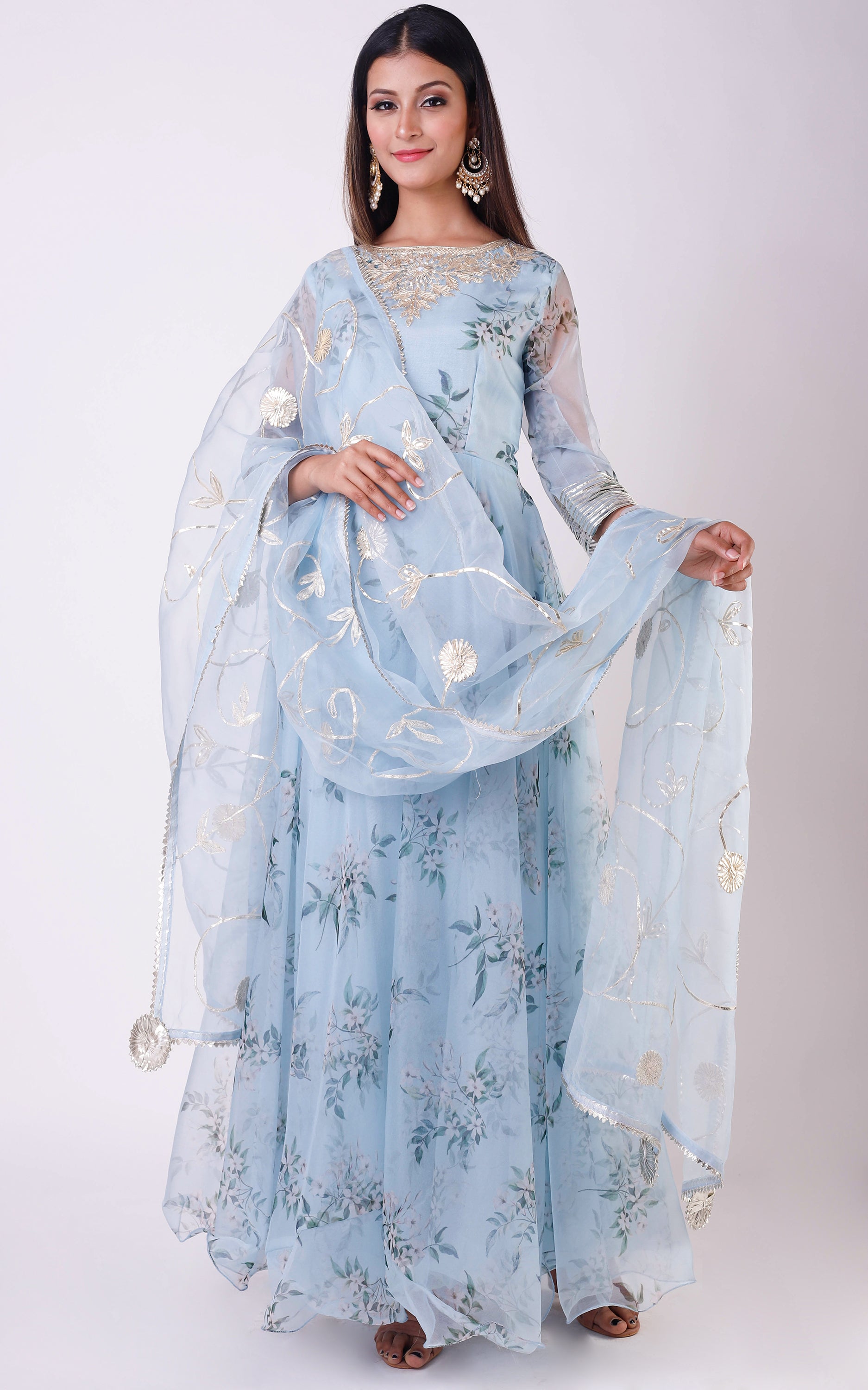 Powder Blue Printed Organza Anarkali ...